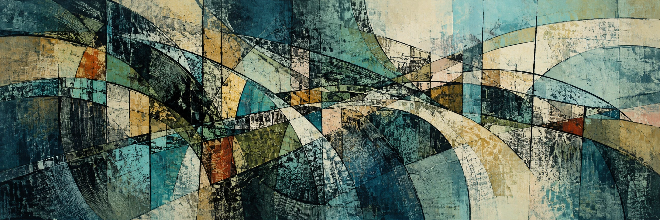 Variação artística abstrata em tons de azul, turquesa e ocre, com arcos e traços sobrepostos